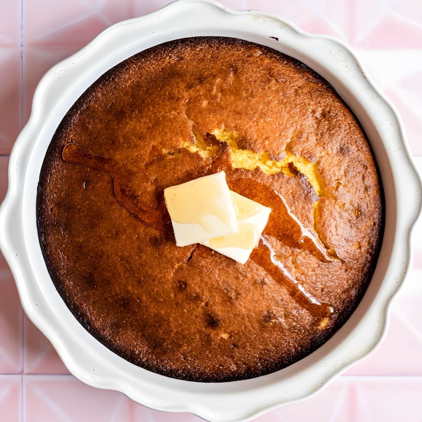 Made-from-scratch honey butter cornbread is Boil Baby Boil's signature offering in a ceramic dish with a pink tile background.