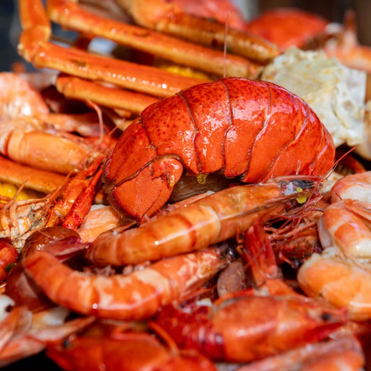 Close-up of cooked lobster and shrimp on a plate