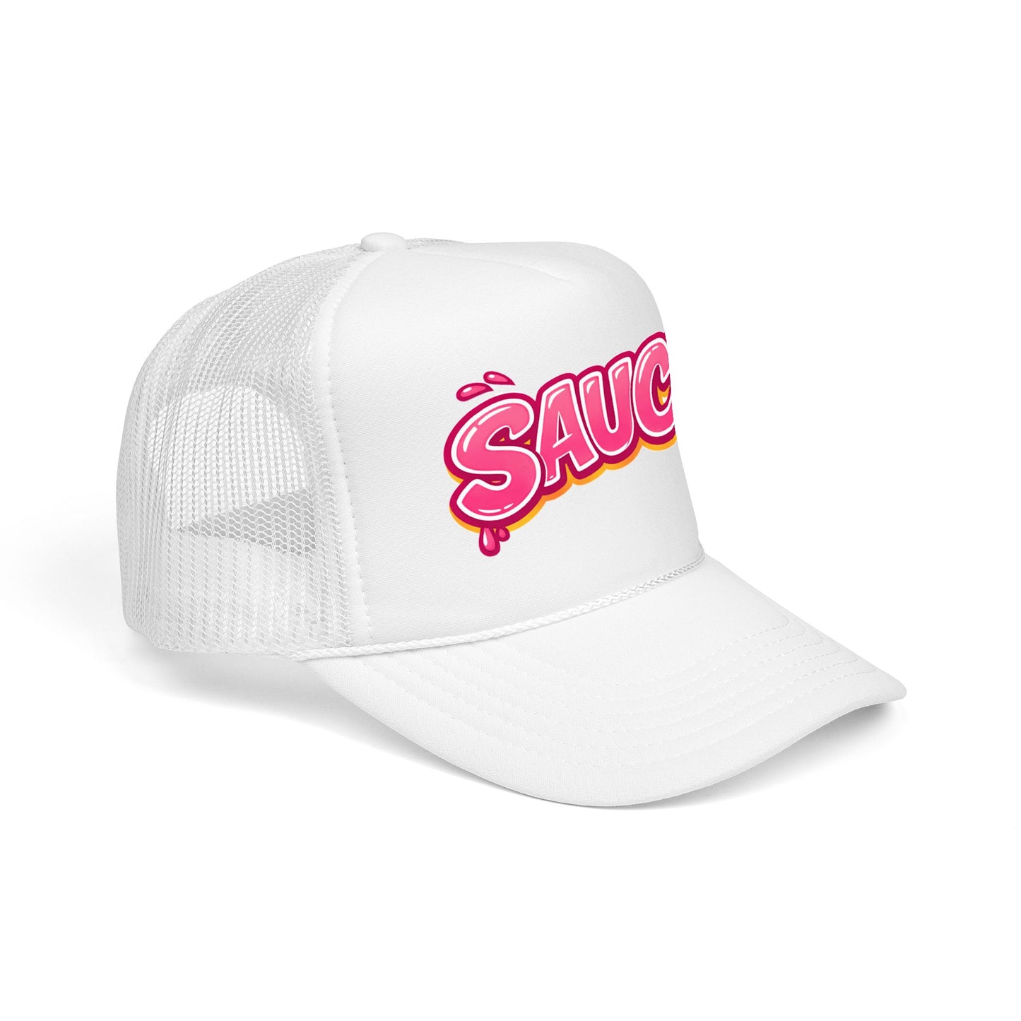 Side profile of Boil Baby Boil all-white foam trucker hat with SAUCY drip embroidery, mesh back and structured flat brim