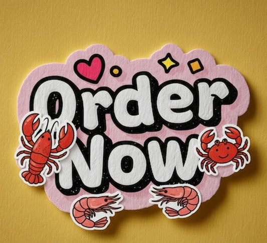 Cute Order Now sticker with cartoon lobster, crab, and shrimp on a pink scalloped background — Boil Baby Boil takeaway order prompt