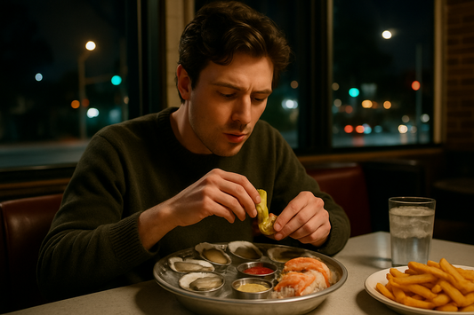 Man enjoying a late-night seafood platter with oysters, shrimp, and dipping sauces at a restaurant, with fries and a drink on the table.