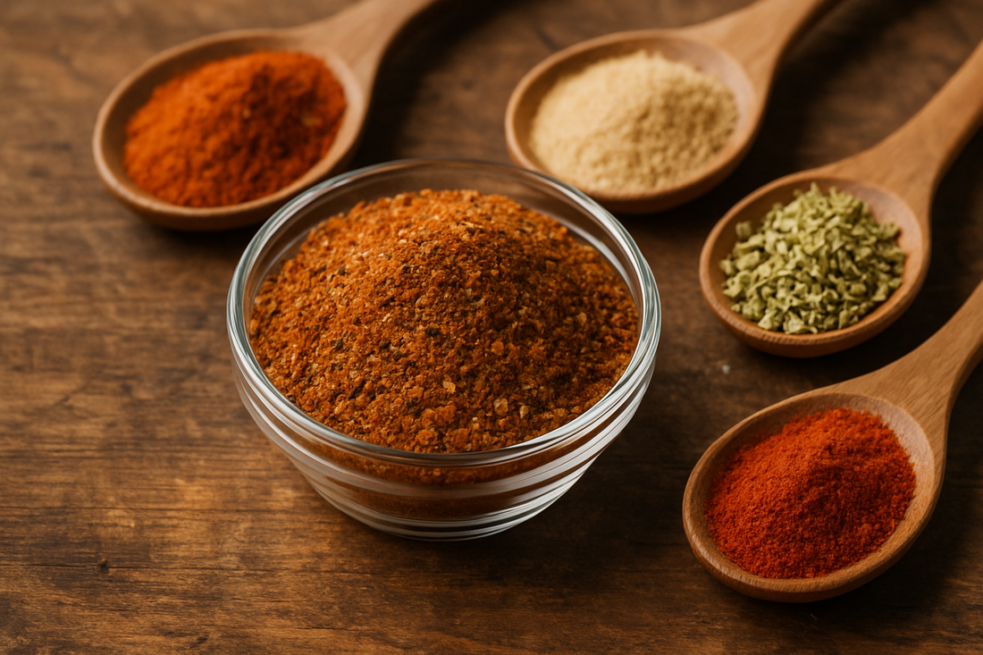 Cajun seasoning blend with chili powder, garlic, herbs, and spices displayed on a wooden table.