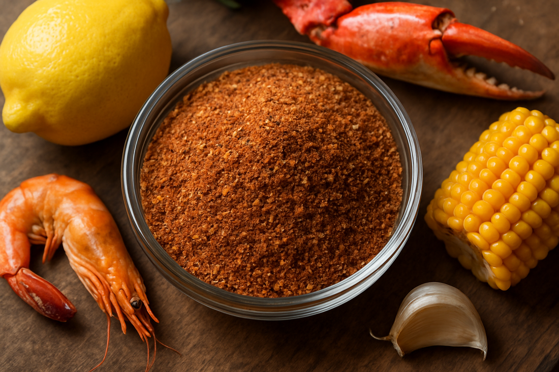 Bowl of Cajun seafood boil seasoning surrounded by lemon, shrimp, corn, garlic, and crab claw on a rustic wooden surface.