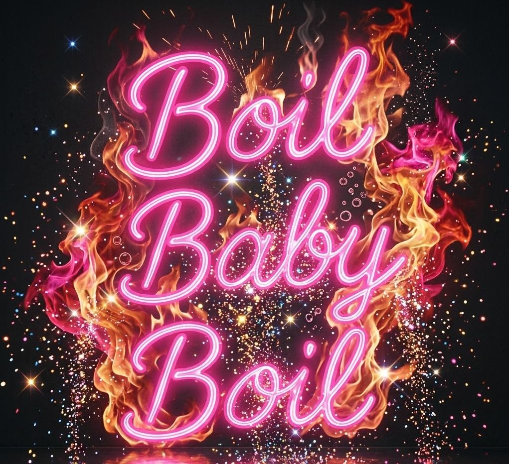 Late Night Foo Open Near Me Logo For Boil Baby Boil Pink Neon With Cursive Writing And Flames On A Black Sparkling Background
