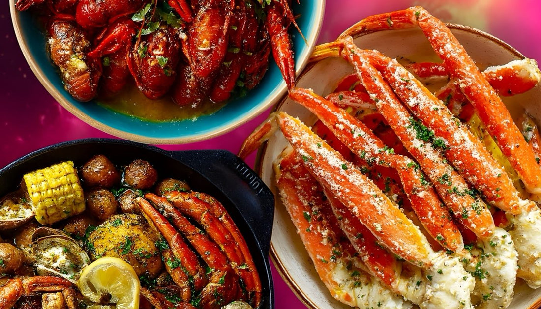 Colorful trio of Cajun seafood dishes from Boil Baby Boil in Los Angeles featuring buttery crawfish, seasoned snow crab legs, 