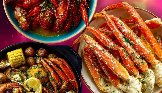Colorful trio of Cajun seafood dishes from Boil Baby Boil in Los Angeles featuring buttery crawfish, seasoned snow crab legs, 