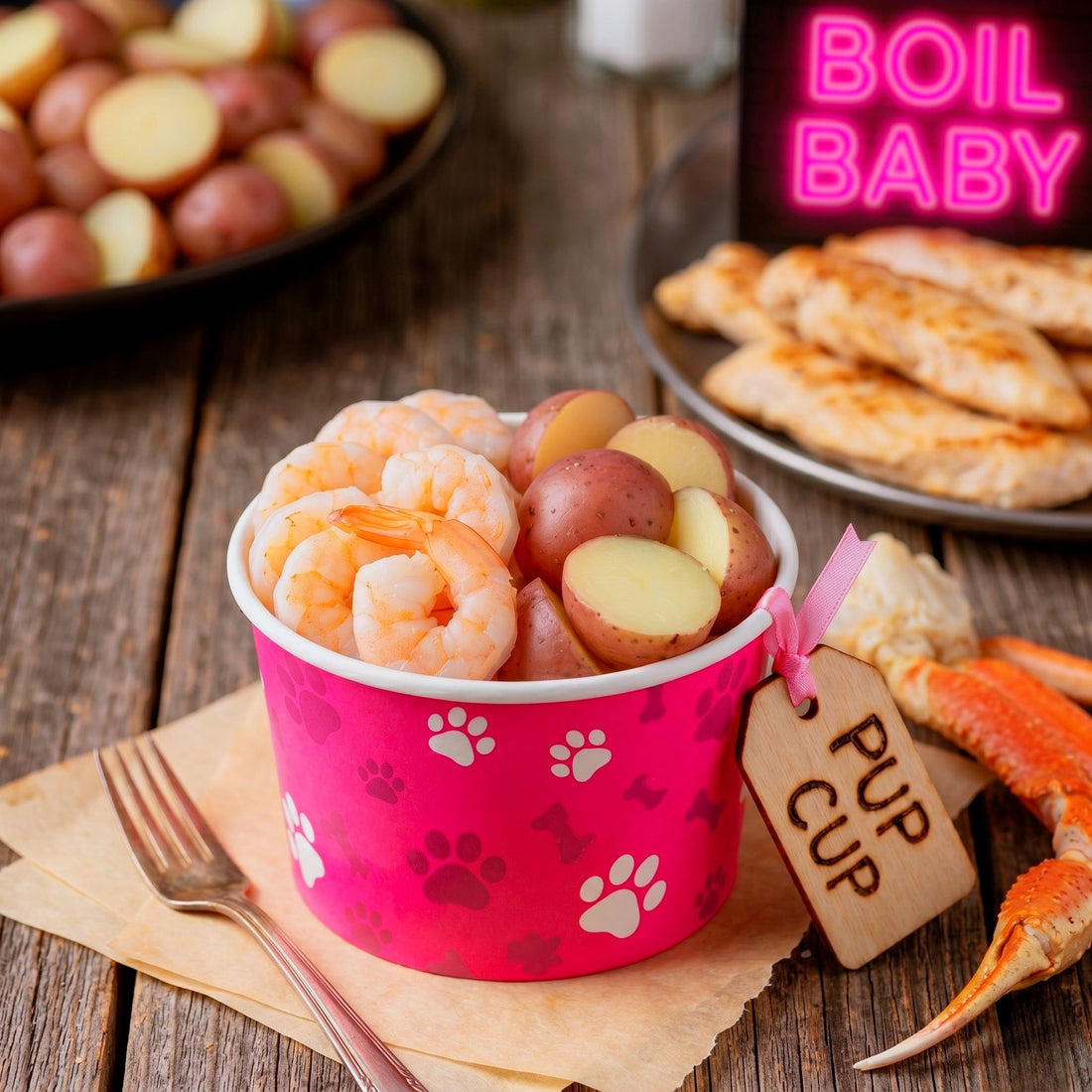A close-up shot of a pink "Pup Cup" filled with steamed shrimp and baby potatoes on a rustic wooden table, next to a fork and a wooden tag, with a blurry background featuring bowls of whole potatoes and a pink neon sign.