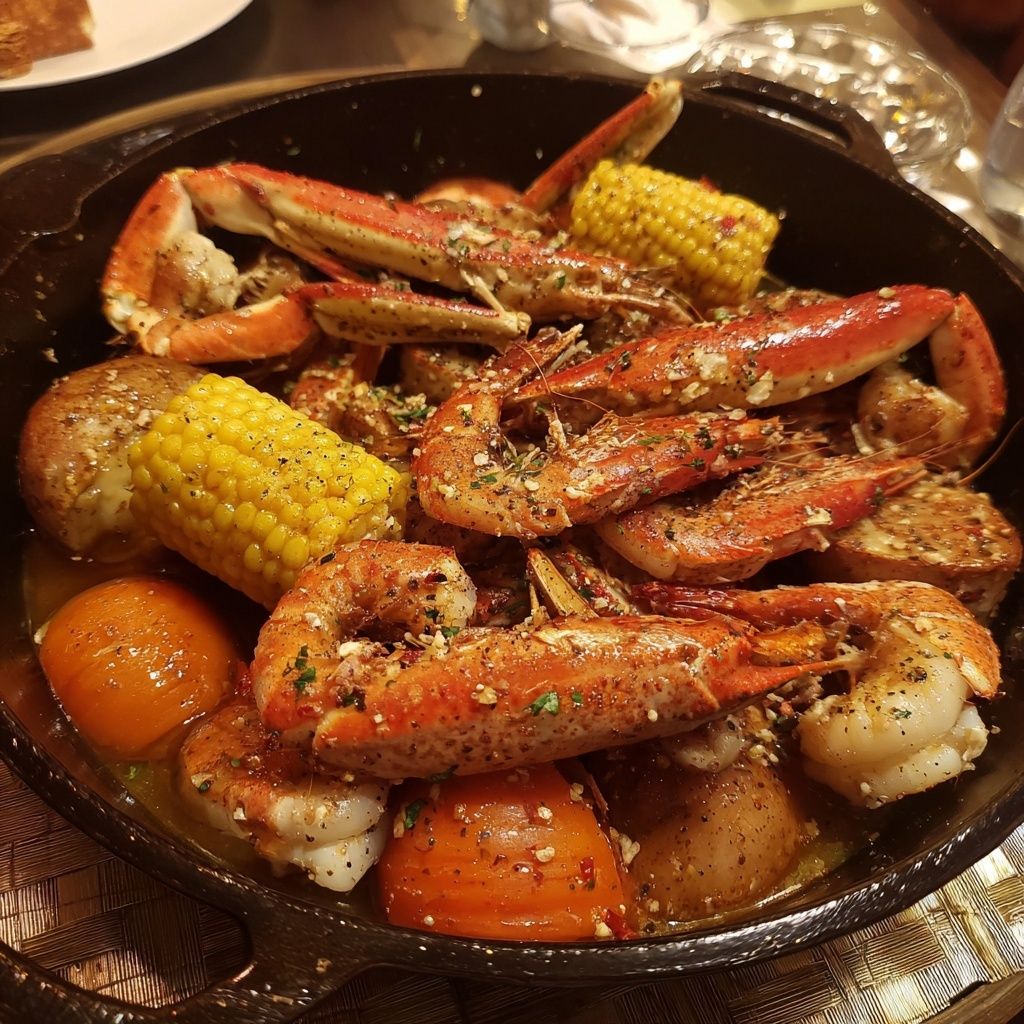 Cajun crawfish seafood boil with crab legs, shrimp, corn and andouille sausage from Boil Baby Boil seafood boil delivery Los Angeles