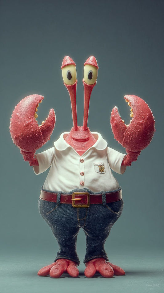 A hyper-realistic 3D character of a crab in a white shirt and jeans, representing the best food open late near me for seafood lovers and late-night diners.