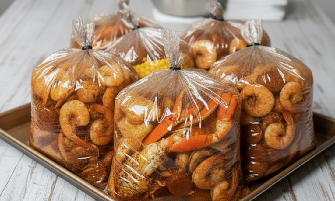 Spicy Cajun seafood boil in clear plastic bags filled with crab legs, corn, and seasoned butter sauce, ready to serve.