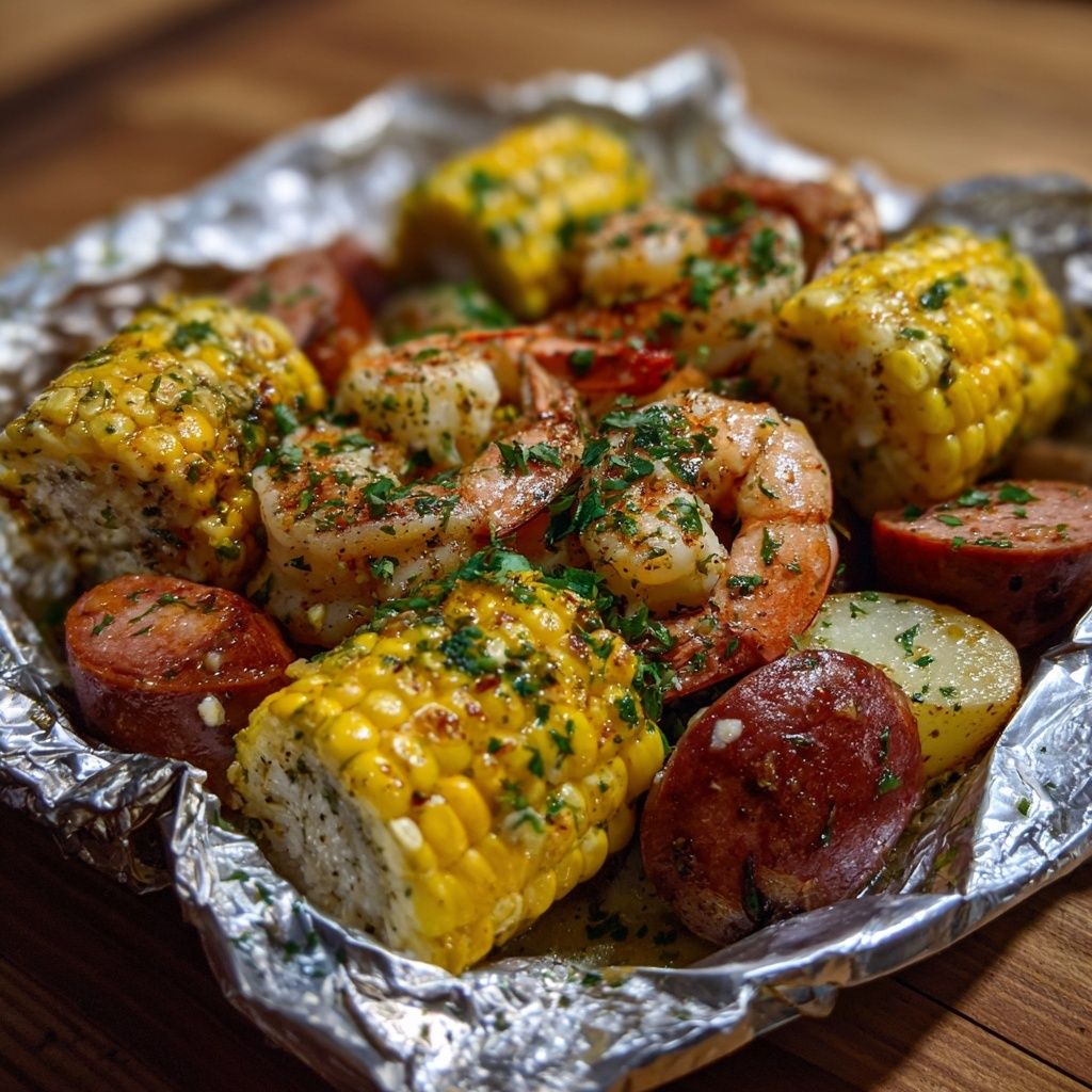 Shrimp boil lunch catering tray with corn, sausage, potatoes, and herb butter.