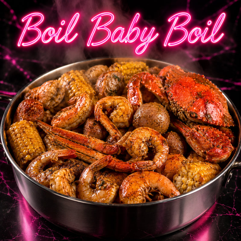 Boil Baby Boil seafood boil Los Angeles with shrimp, crab, snow crab legs, Cajun sausage, corn and potatoes, featuring seafood boil delivery, crab boil near me, and seafood boil catering in Hollywood and West Hollywood.