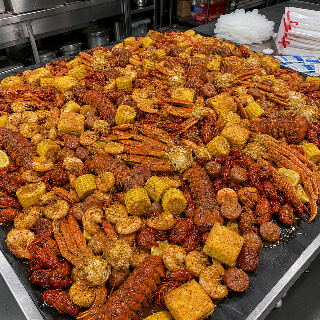 Seafood boil feast with Cajun-style shrimp, crawfish, snow crab legs, lobster tails, sausage, corn and potatoes, available for family dinners, parties, catering and late-night delivery in West Hollywood and Los Angeles.