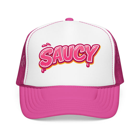 Pink and white cap with 'SAUCY' text on a white background