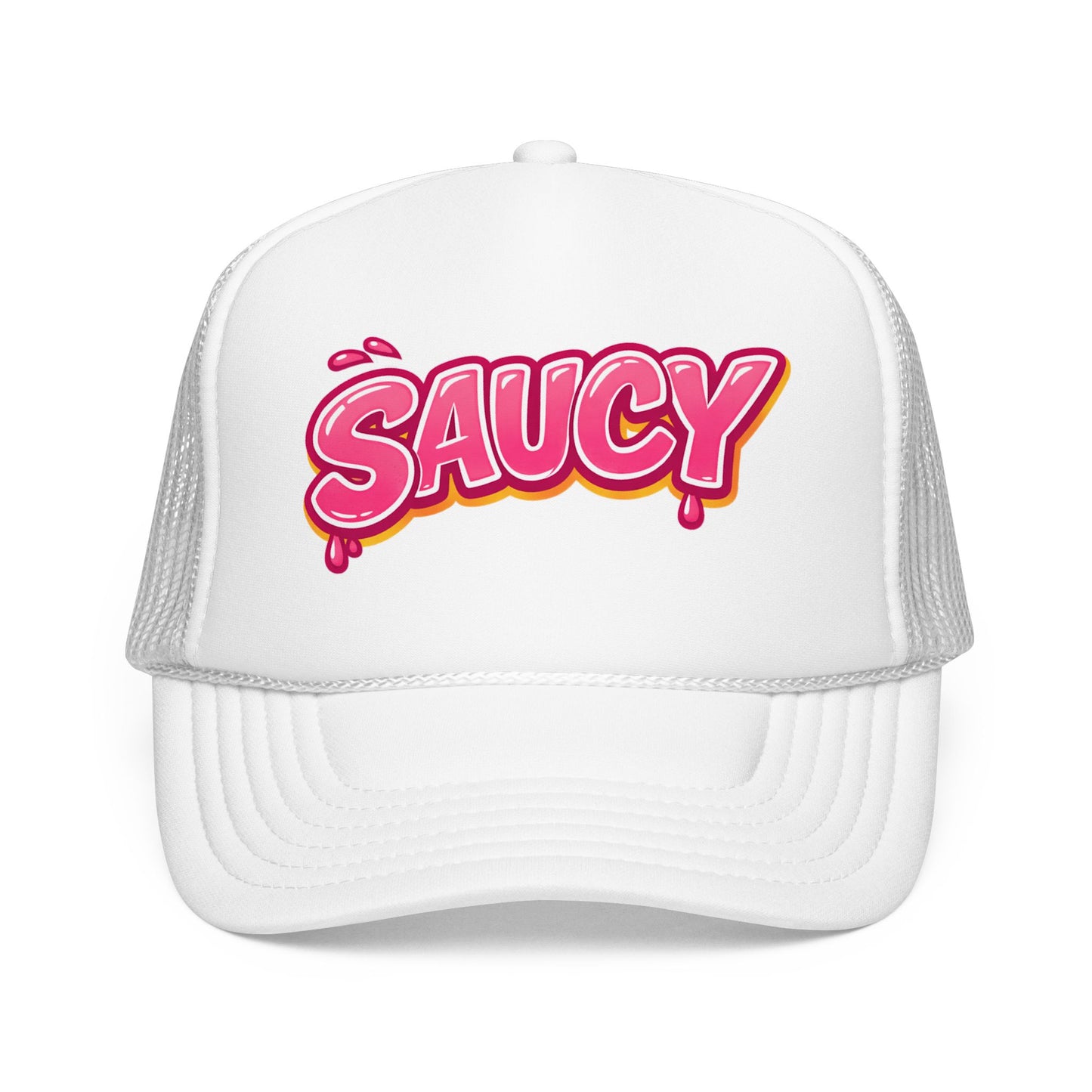 Boil Baby Boil Saucy foam trucker hat in white with pink drip-style SAUCY graphic on foam front, lightweight mesh back