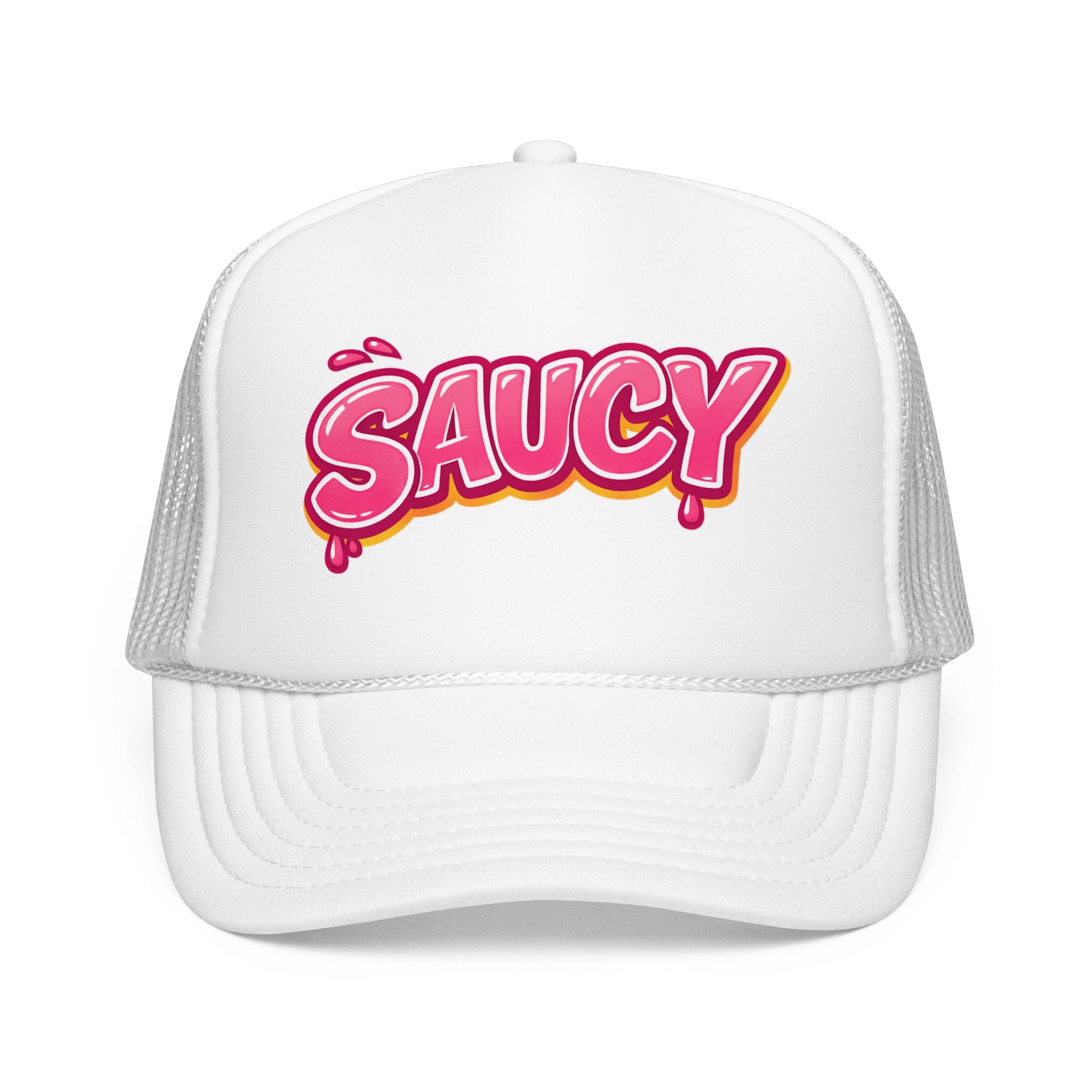 Boil Baby Boil Saucy foam trucker hat in white with pink drip-style SAUCY graphic on foam front, lightweight mesh back