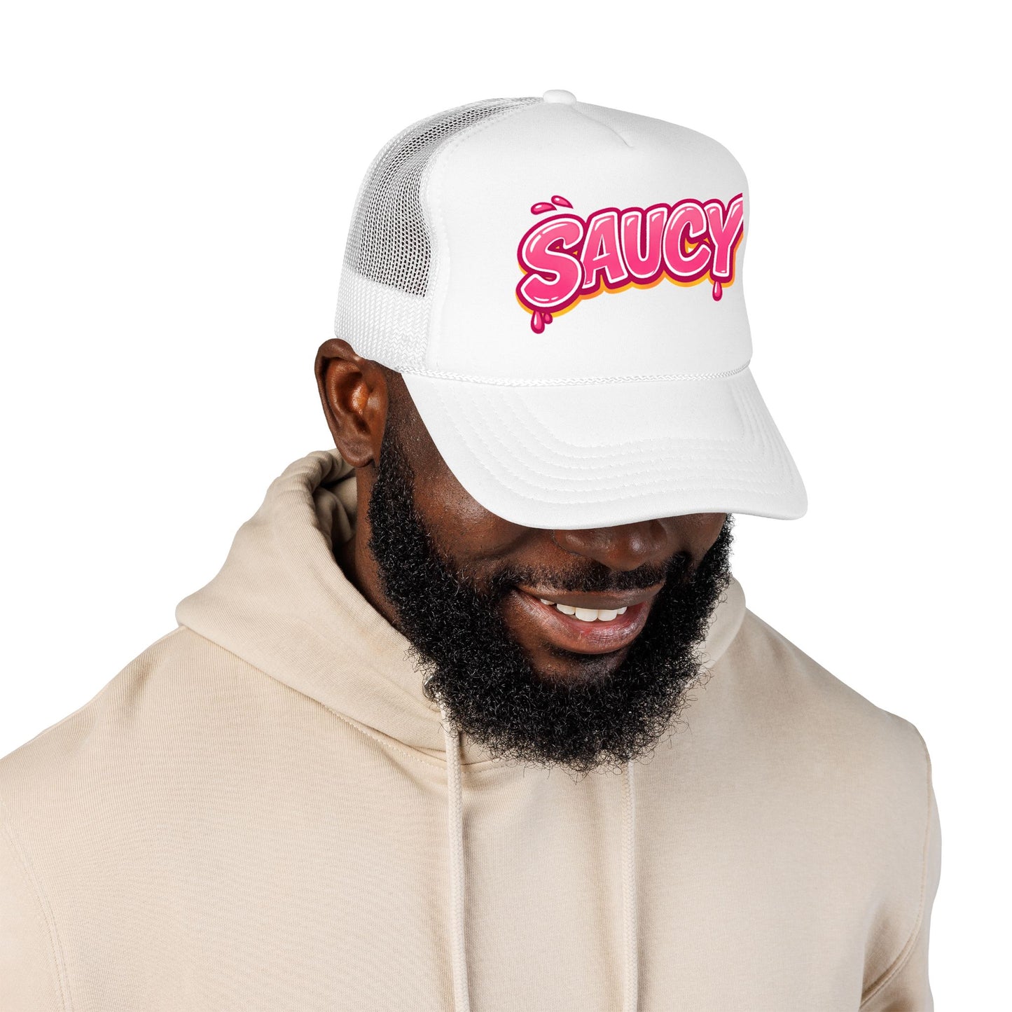 Smiling man wearing Boil Baby Boil white Saucy foam trucker hat tilted to the side, styled with a neutral-tone hoodie