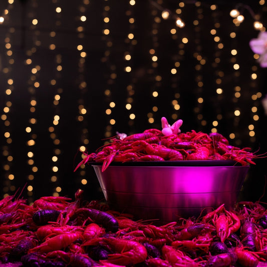 Metal tub overflowing with fresh crawfish under pink lighting and string lights at a Boil Baby Boil seafood boil