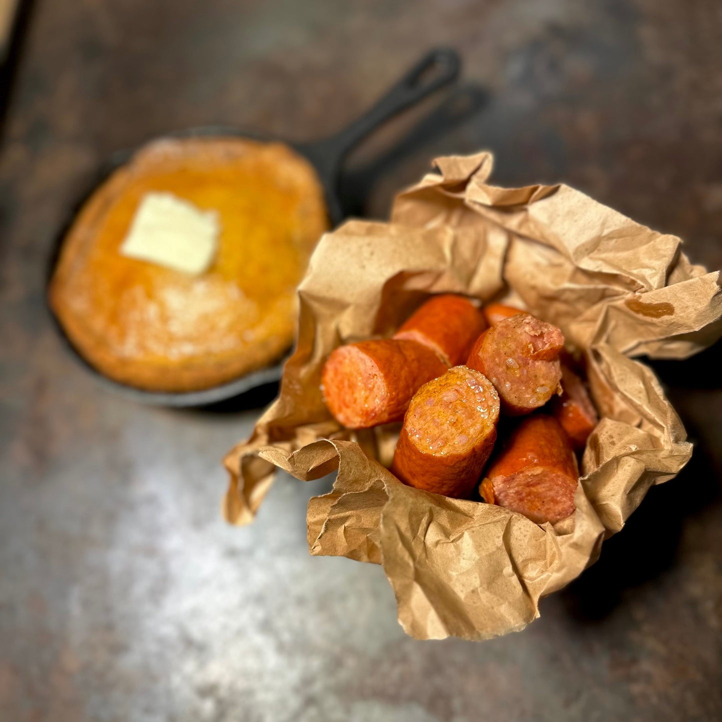 Cajun andouille sausage served West Hollywood–style with honey butter cornbread, fresh from Boil Baby Boil’s seafood kitchen.