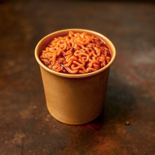 Ramen noodles served in brown cup at Cajun seafood boil restaurant in Los Angeles