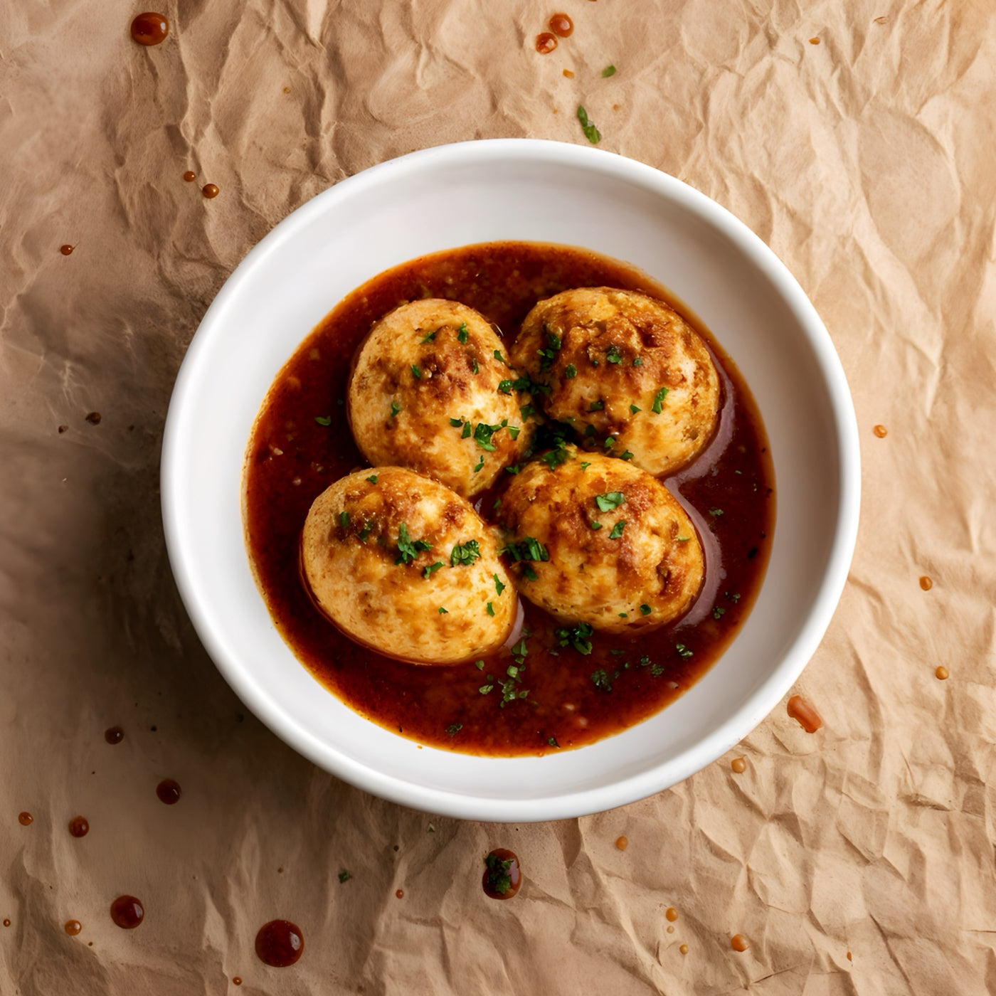 Bowl of meatballs in savory sauce served as side dish at Cajun seafood boil restaurant in Los Angeles