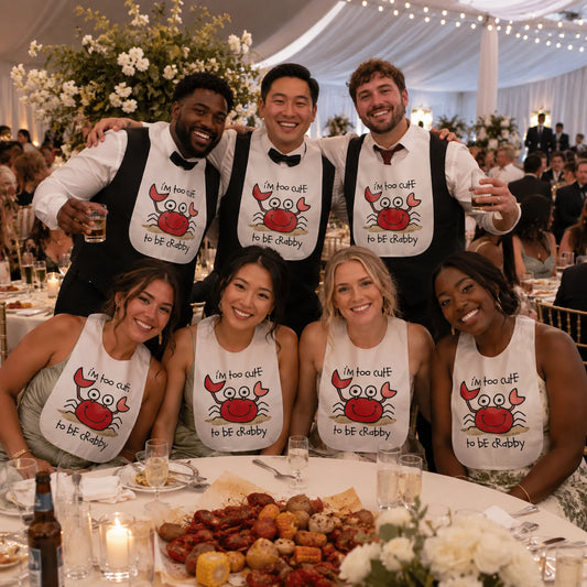 Boil Baby Boil wedding seafood boil catering with custom crab bibs, crawfish, corn, and potatoes at an elegant Los Angeles wedding reception. Luxury catering for weddings, parties, and corporate events.