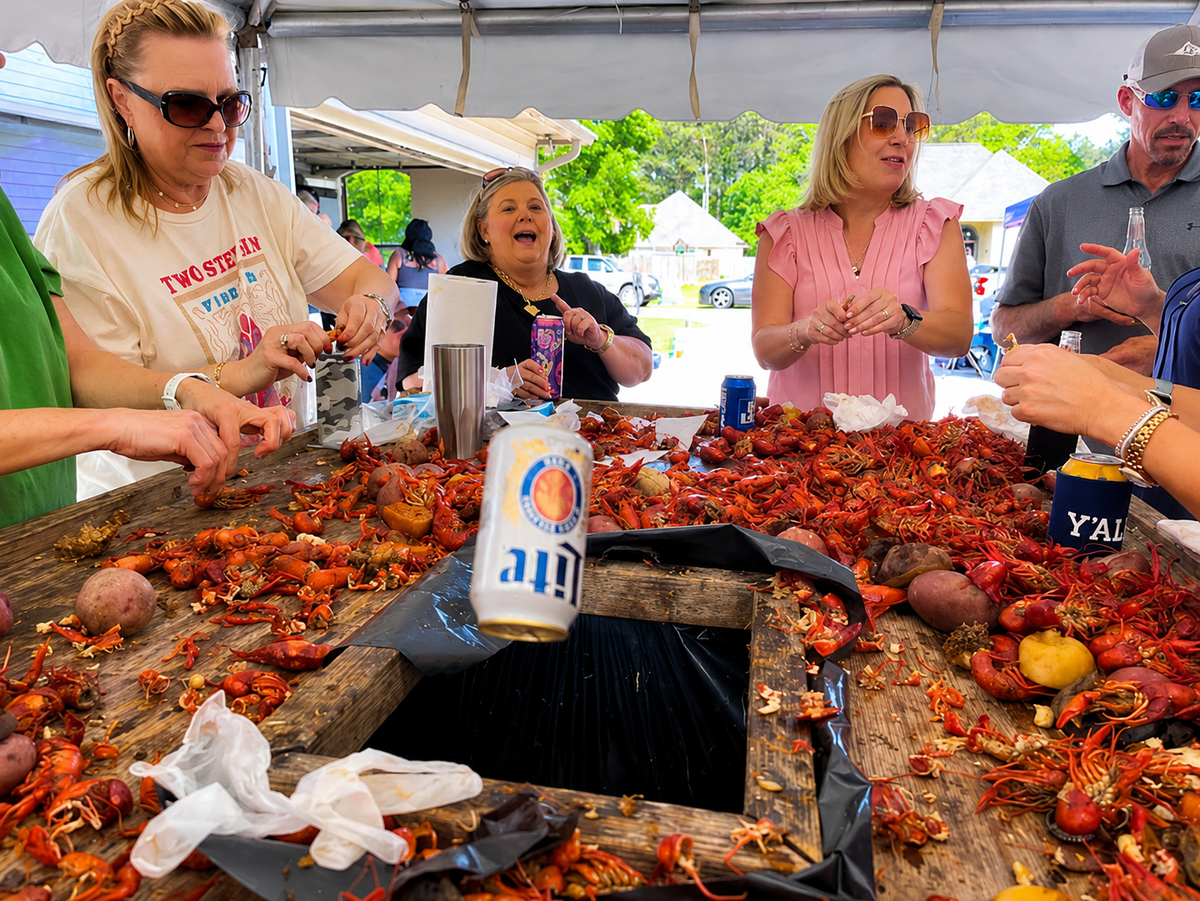 People enjoying a crawfish boil with beer and other items on a table. Boil Baby Boil delivers hot and juicy seafood boils for every occasion.