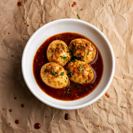 Bowl of hard boiled eggs in a rich sauce on a textured brown background