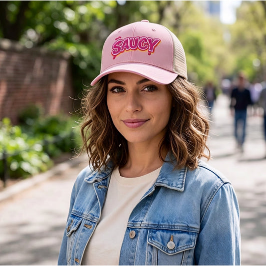 Woman wearing a pink cap with 'SAUCY' text outdoors