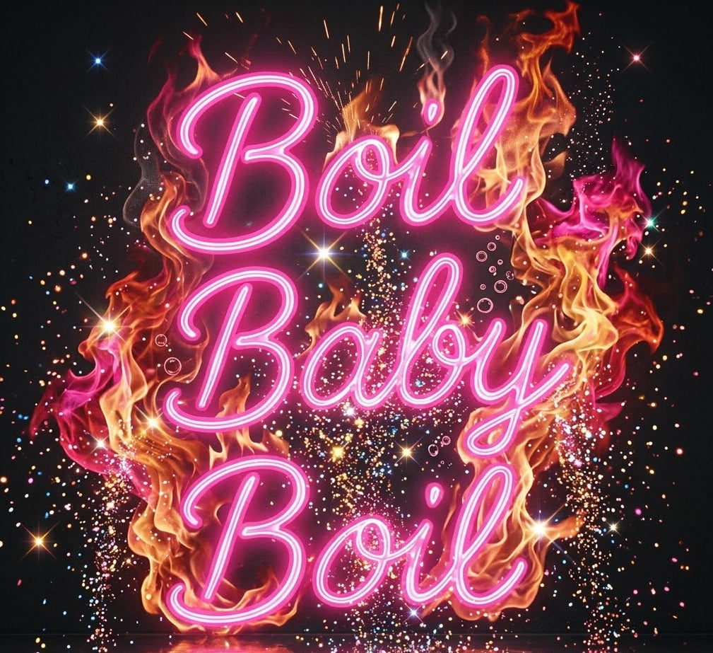 Boil Baby Boil neon logo in flames — product page for fresh whole lobster tails available for late night food delivery