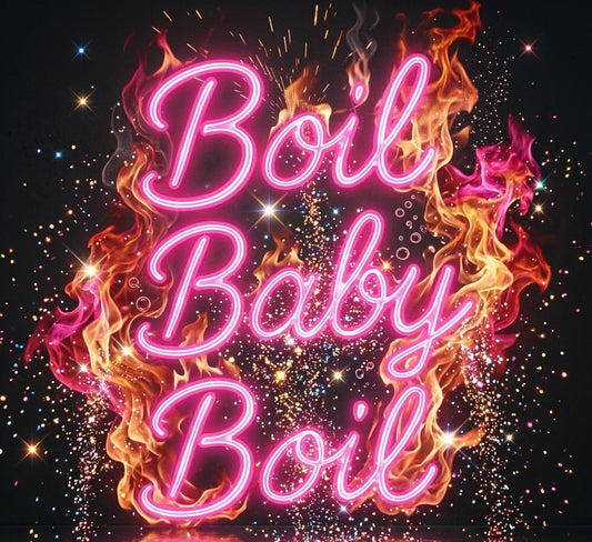 Boil Baby Boil glowing neon sign wreathed in pink and orange flames — fresh snow crab legs available as a seafood takeaway add-on