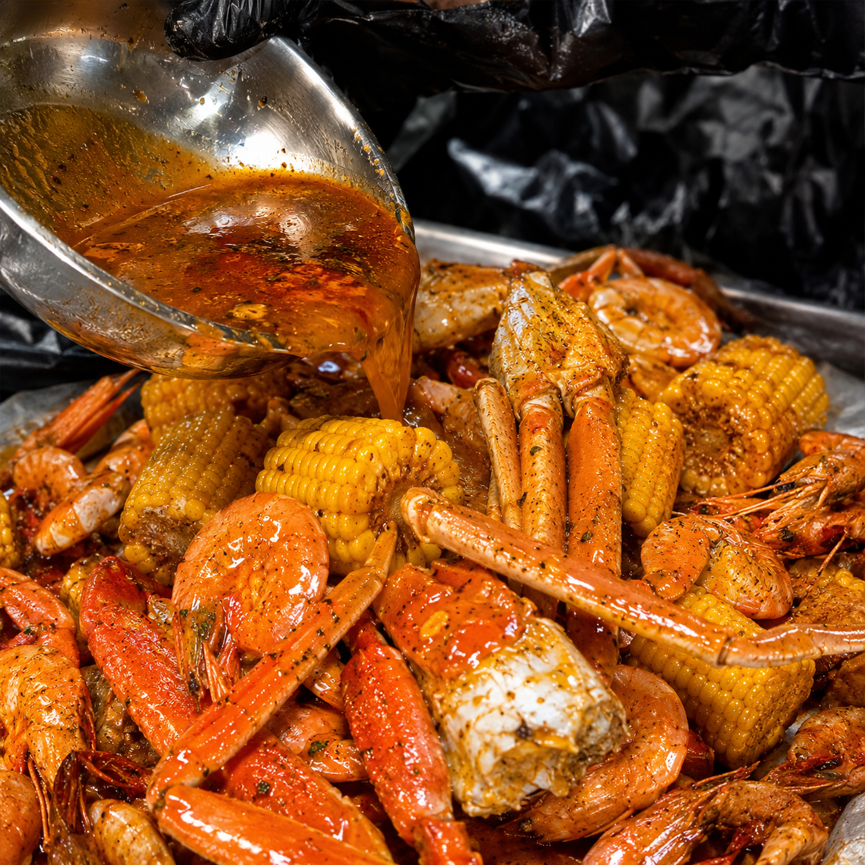A close-up of a seafood boil or crawfish mixture in a metal tray, with a metal ladle pouring a reddish-orange sauce over the food. Visible items include shrimp, corn on the cob, crawfish tails, and crab legs, with black plastic gloves partially visible at the top.
