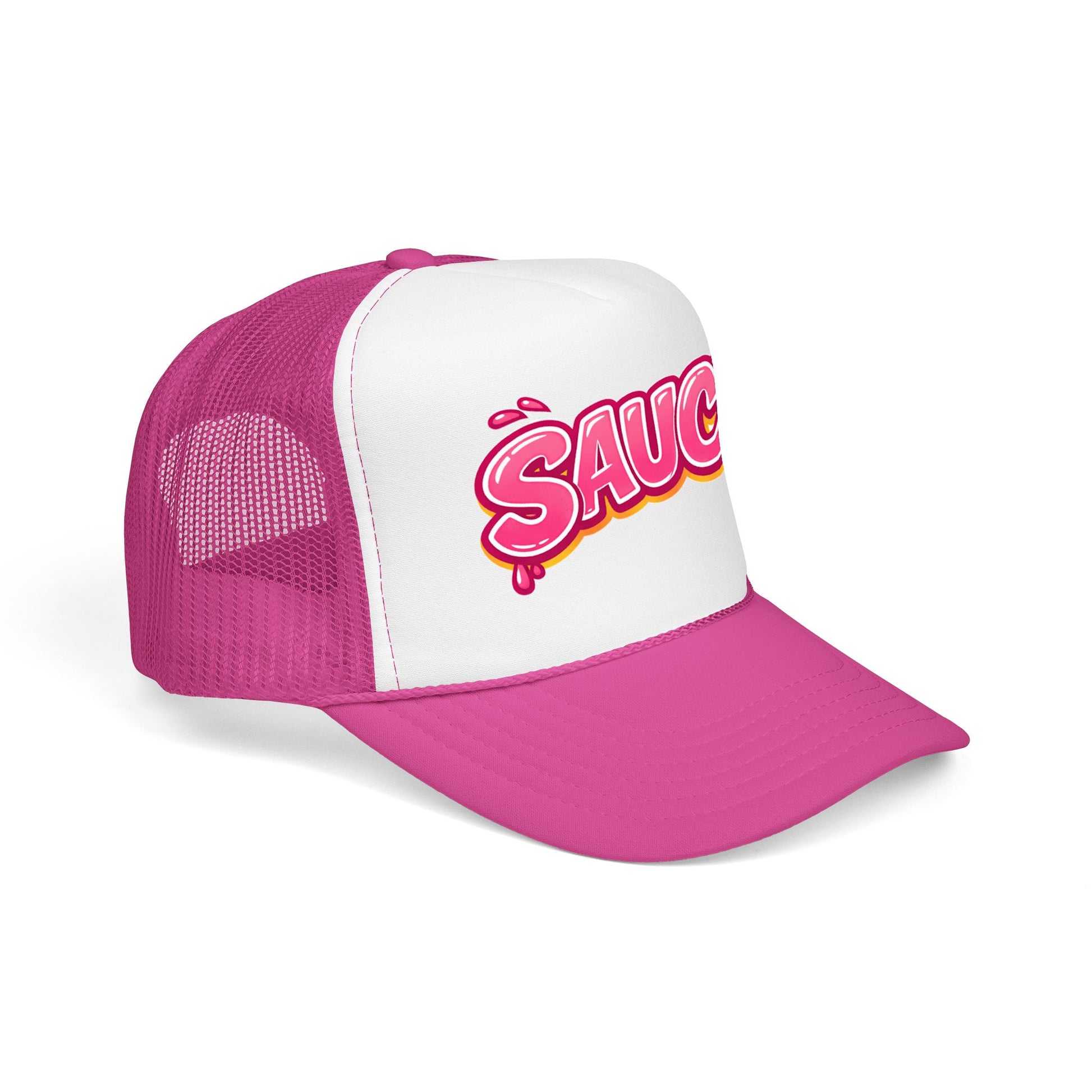 Side angle of Boil Baby Boil bubblegum pink foam trucker hat showing structured curved brim, white front panel and SAUCY drip logo