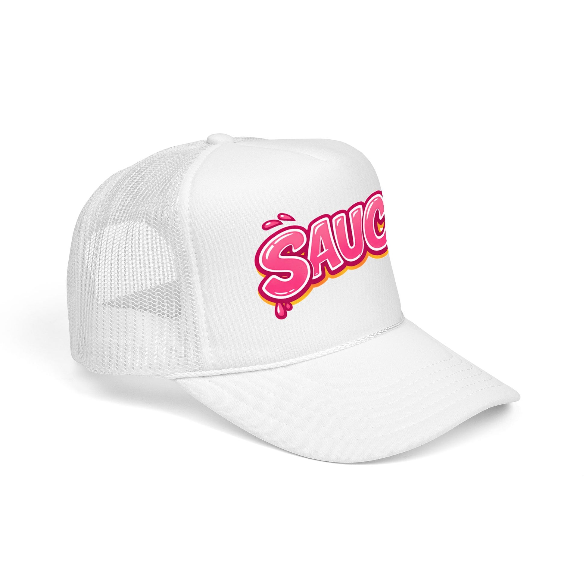 Side profile of Boil Baby Boil all-white foam trucker hat with SAUCY drip embroidery, mesh back and structured flat brim