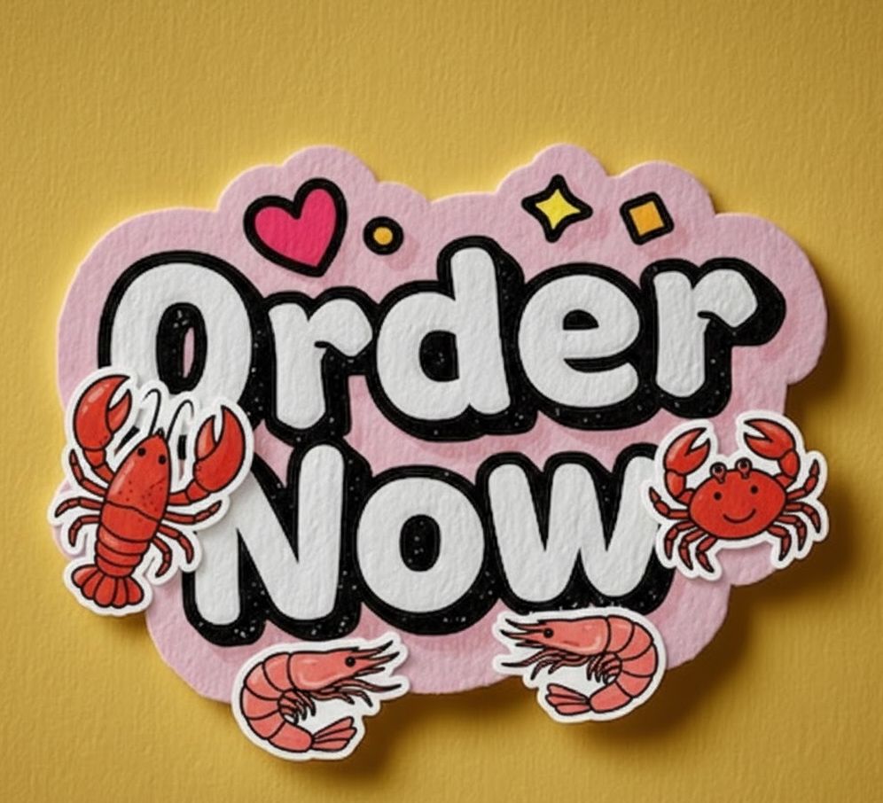 Cute Order Now sticker with cartoon lobster, crab, and shrimp on a pink scalloped background — Boil Baby Boil takeaway order prompt